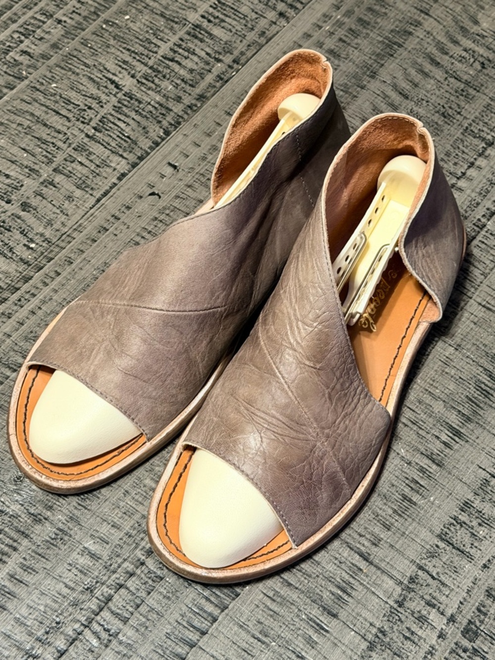 Free People Two-Tone Open Toe Leather Flats in Taupe and Cream